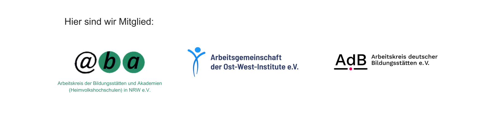 Montage von drei Logos von Organisationen, bei denen wir Mitglied sind: ABA NRW, Arbeitsgemeinschaft Ost-West-Institute und Arbeitskreis deutscher Bildungsstätten ADB