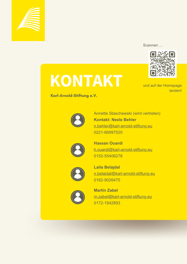 Visitenkarte der Karl-Arnold-Stiftung mit Kontaktdaten und QR-Code für Infos.