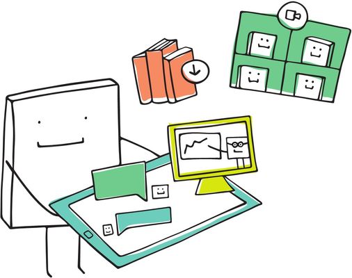 Zeichnung eines Pixels, das auf einem Tablett verschiedene Bausteine eines E-Learnings serviert