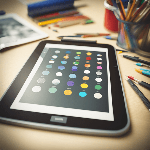 Ein Tablet mit bunten Icons liegt auf dem Tisch. Daneben Stifte und weitere Schreibmaterialien.