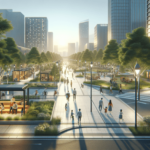 Moderne, nachhaltige Stadtlandschaft mit breiten, begrünten Fußwegen, zahlreichen Bäumen und Sitzbereichen. Menschen spazieren, fahren Fahrrad und verbringen Zeit im Freien zwischen modernen Hochhäusern bei warmem, weichem Sonnenlicht.